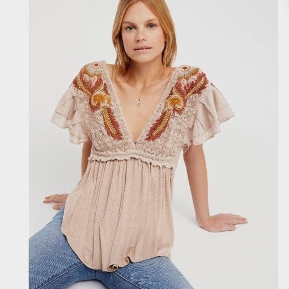 Free People Fiesta Bohemian Style Tunic, Size S "Fiesta Nueva" Embroidered Tuni
